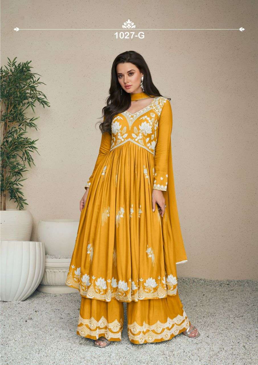 LAKHNAVI VOL HIT LIST  HEAVY REYON WHITE THREAD WORK NAURA CUT KURTI WITH PLAZZO AND NAZMIN DUPATTA BY VAMIKA BRAND 1027 G